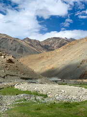 Tibet or Tibetan monastery, culture, belief, people, mountain, stupa, landscape in Ladakh, northern India, Himalaya mountain range, giantic and immense mountain, roof of the world 