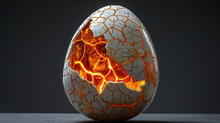 A surreal image of a cracked egg with vibrant yolk and white patterns, captured in a moment of dynamic motion. The minimalist background enhances the contrast and energy of the scene, creating a