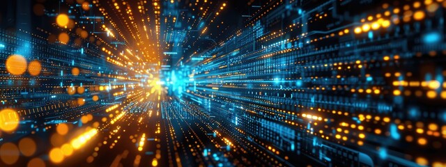 Obraz premium Futuristic Digital Data Stream with Blue and Orange Lights in Cyber Space