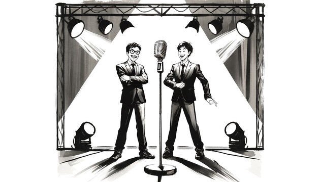 Spotlight on Humor: Two Manzai Comedians Share a Moment of Joy and Laughter with an Enthralled Audience in a Traditional Osaka Theater