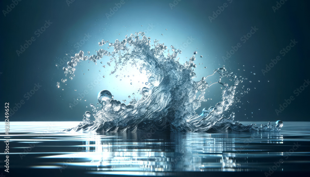 Poster Dynamic splash of water captured in motion against a blue background, embodying the concept of power and fluidity. Generative AI