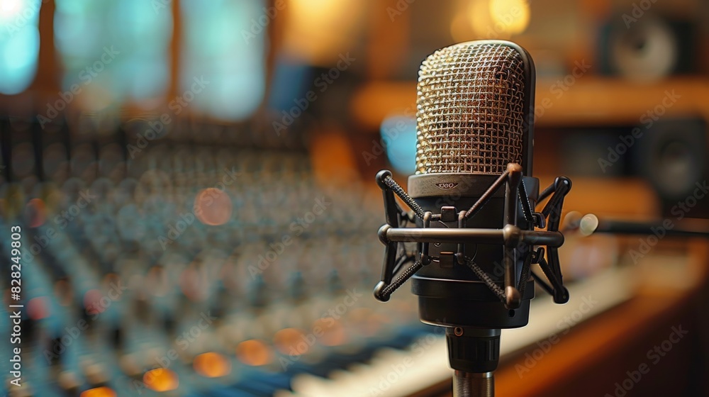 Poster a studio microphone with mesh design positioned on a stand in a simple recording setup, highlighting
