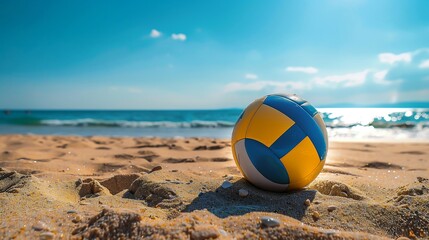 colored volleyball ball placed on the beach sand, with the ocean waves gently lapping nearby