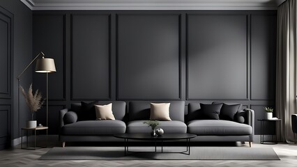 Living room in gray and black, Minimalist design with blank empty dark interior, graphite modern sofa, herringbone beige accent, 3D render