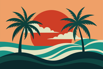 Tropical island paradise. Vintage poster background with palms and sea waves vector