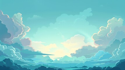 A 2D flat style illustration showcasing a cloudy sky with layers of clouds floating across the horizon. The scene conveys the tranquility of cloudy weather without depicting rain or stormy