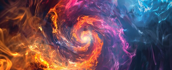 Abstract colorful spiral with burning flames and smoke on a dark background, energy flow or portal effect. Abstract digital art for poster design