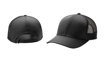 Black Baseball Cap Mockup - Front and Back View isolated PNG on transparent background