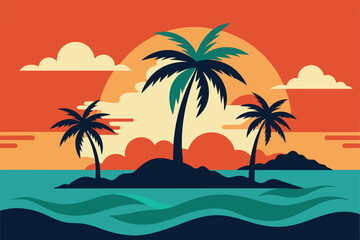 Tropical island paradise. Vintage poster background with palms and sea waves vector