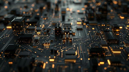 A sleek and modern circuit board featuring a central processor and a network of microchips.