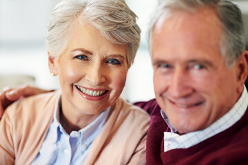 Home, love and portrait of elderly couple with smile for marriage, trust and bonding in retirement....