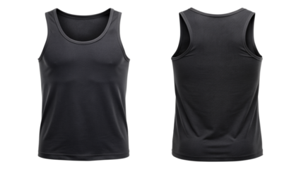 Black tank top, front and back view mockup isolated PNG on transparent background