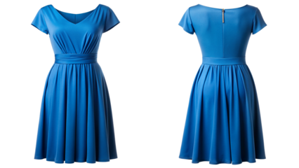 Elegant blue dress front and back view for mockup isolated PNG on transparent background