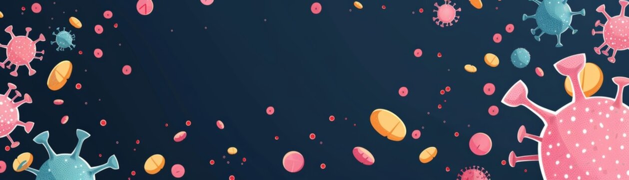 Colorful bacteria and virus illustrations on a dark blue background, perfect for medical or scientific presentations and designs.