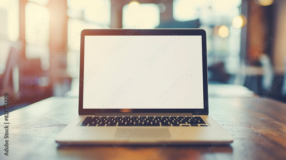 Aufkleber a laptop with a blank screen on a wooden table in a cozy cafe atmosphere, ideal for showcasing a web