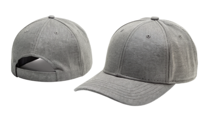 Gray Baseball Cap Mockup - Front and Back View isolated PNG on transparent background