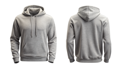 Gray hoodie front and back mockup isolated PNG on transparent background