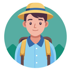 A man in a straw hat and backpack stands in a circle