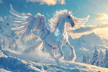 Render a majestic Pegasus soaring over a snowy Arctic landscape, its ethereal holographic wings shimmering in the cold sunlight