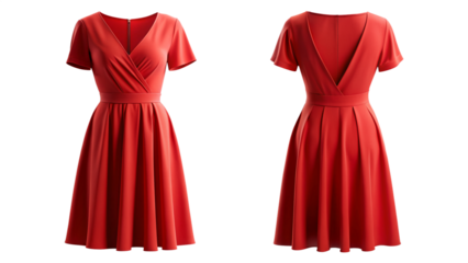 Red short-sleeve V-neck pleated dress front and back view isolated PNG on transparent background