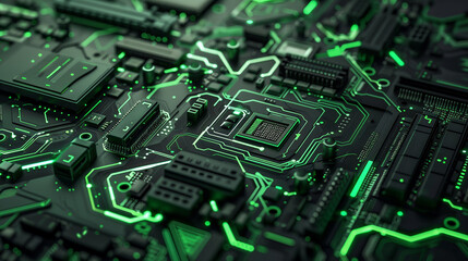 An intricate motherboard design with glowing green pathways.