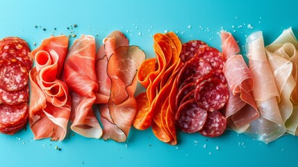 Deli Delights: Vibrant Close-Up of Neatly Arranged Sliced Cold Cuts on Blue Background