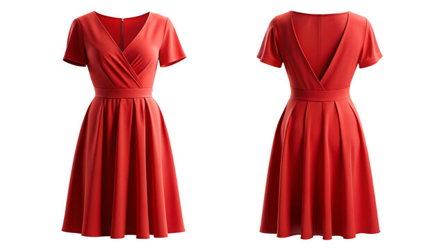 Red short-sleeve V-neck pleated dress front and back view isolated PNG on transparent background