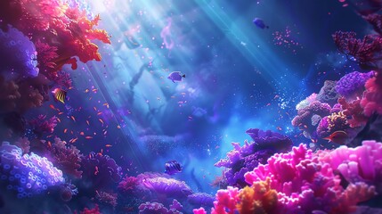 Create a high-angle view of cosmic rays piercing through a galaxy, illuminating a vibrant coral reef inhabited by whimsical elves