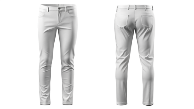 White slim fit pants front and back view mockup isolated PNG on transparent background