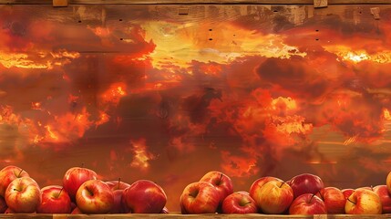 Vibrant Autumnal Apples Adorning a Rustic Wooden Crate Against a Fiery Sky A Harvest Scene Showcasing Nature s Bounty