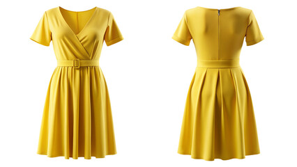 Yellow wrap dress with belt front and back view isolated PNG on transparent background