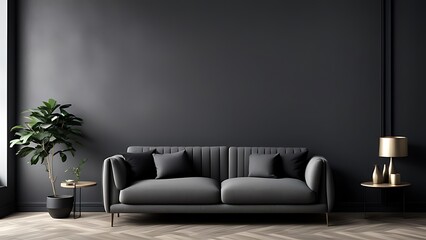 Living room in gray and black, Minimalist design with blank empty dark interior, graphite modern sofa, herringbone beige accent, 3D render