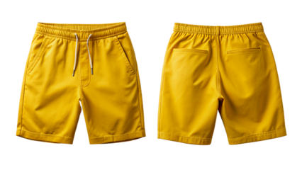Yellow drawstring shorts front and back view isolated PNG on transparent background