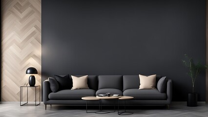 Living room in gray and black, Minimalist design with blank empty dark interior, graphite modern sofa, herringbone beige accent, 3D render