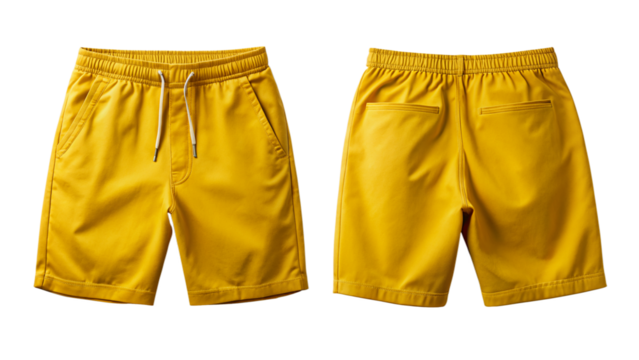 Yellow drawstring shorts front and back view isolated PNG on transparent background