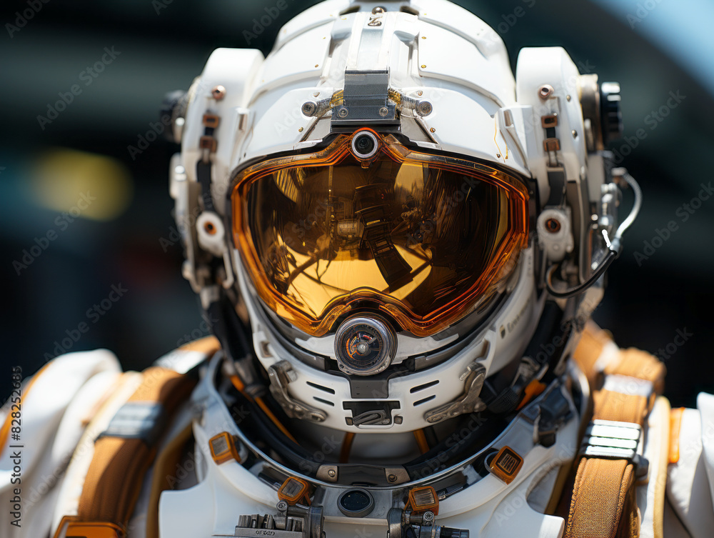 Poster Close-up of astronaut helmet and suit against a blurred background, concept of space exploration. Generative AI