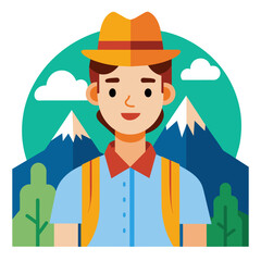 A man with hat and backpack in front of mountains