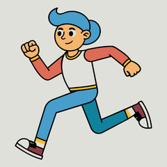 A cartoon boy is happily running with his fist raised in the air with joy