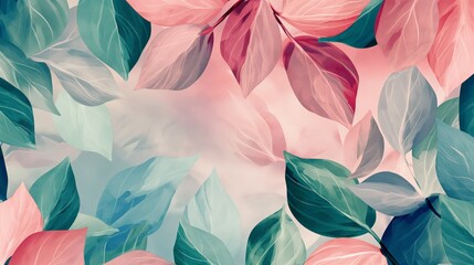 Abstract artwork featuring a blend of pink, blue, and green leaves on a soft gradient background, creating a harmonious and serene visual effect.