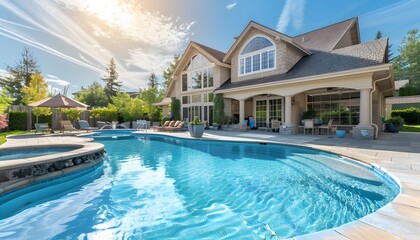 Beautiful large home with pool and backyard in the background, wide angle shot, sunny day, blue sky, high resolution