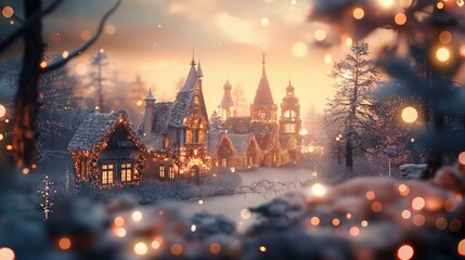 Enchanting winter village scene with snow-covered rooftops, glowing lights, and a dreamy atmosphere. The falling snowflakes add a touch of magic to the holiday setting.