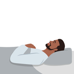 Young man sleeping in bed side view. Flat vector illustration isolated on white background