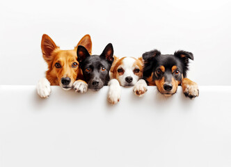 Four dogs peeking over a white horizontal surface, photographic style, white background, concept of surprise or curiosity. Generative AI