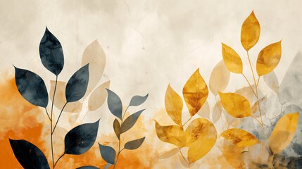 Abstract painting of blue and yellow leaves with a soft background, creating a harmonious blend of colors and shapes. The artwork captures the essence of nature.