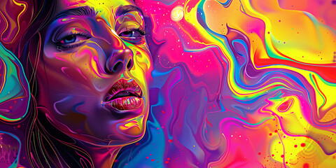 Fototapeta premium beautiful face is melting into the colorful background in the style of vibrant colors and psychedelic style, generative AI