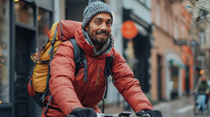 Cheerful delivery person riding a bike with a backpack in the city
