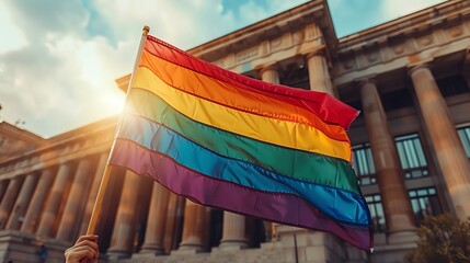 A person waving a large rainbow flag in front of a government building - Powered by Adobe