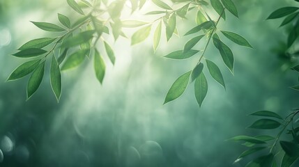 Serene nature scene with green leaves illuminated by sunlight, creating a tranquil, soft-focus background. The gentle light filters through the foliage.