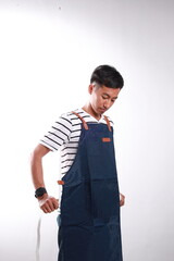 Asian Male entrepreneur wearing apron isolated on white background