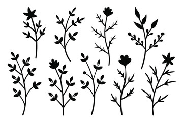 Set of hand drawn branches and flowers black vector on white background